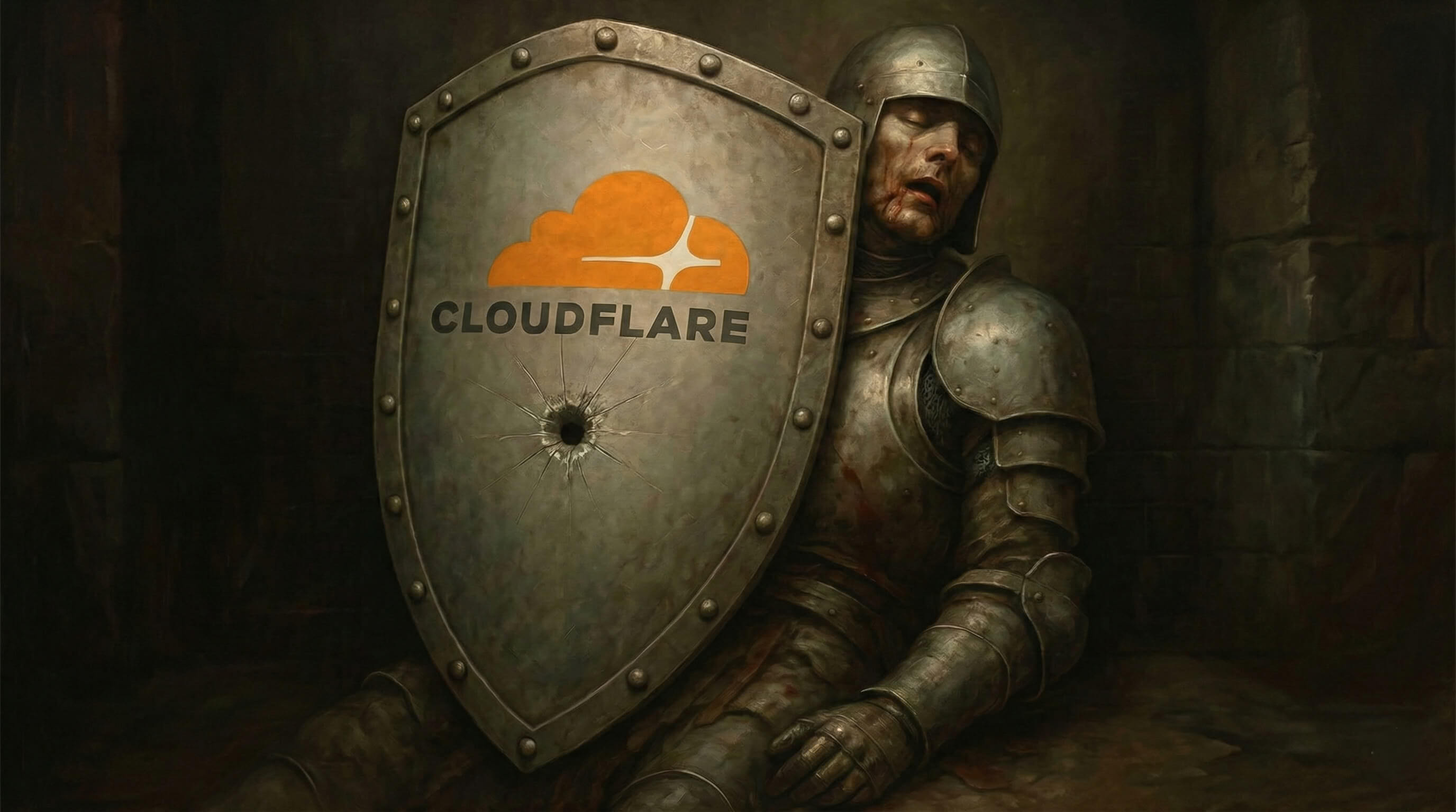 A wounded knight in armor slumped in defeat, holding a large shield with the Cloudflare logo that has been pierced by a bullet hole.